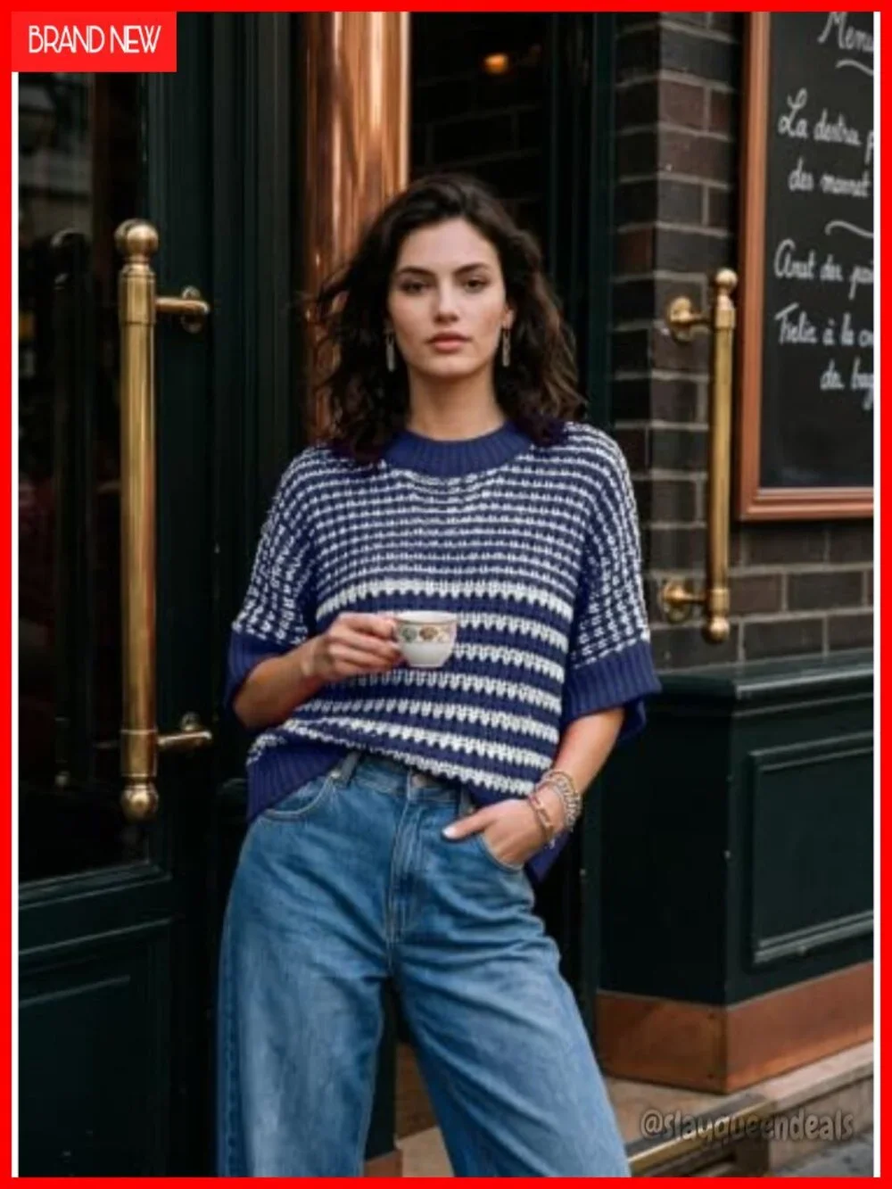 3/4 Sleeve Striped Sweater Top, Crewneck Knit Pullover